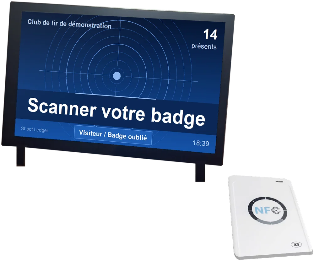 Écran tactile du lecteur de badges et lecteur NFC : Scanner votre badge, nombre de présents et bouton Visiteur / Badge oublié